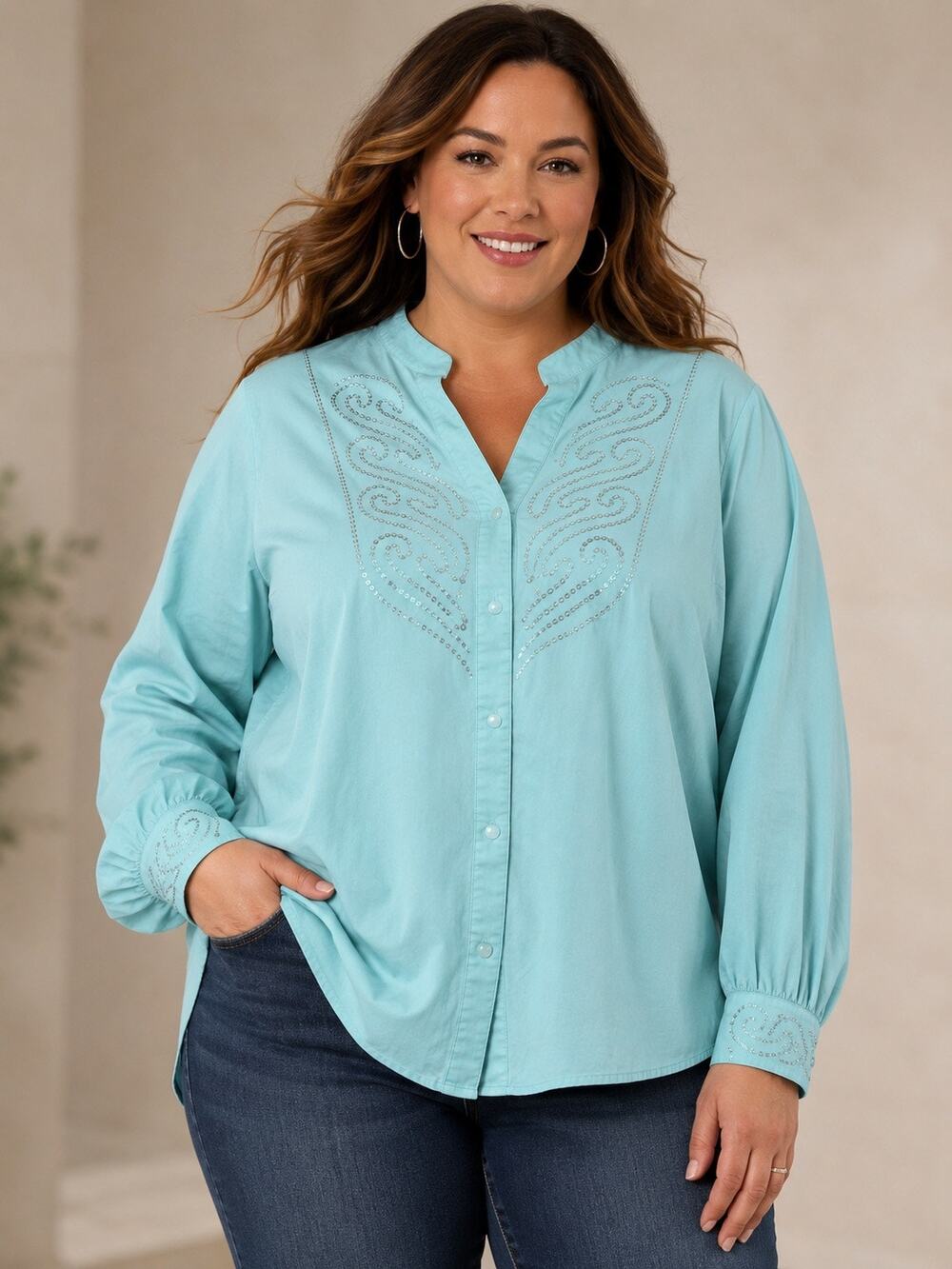 Bob Mackie Light Blue Sequin Western Button-Up Shirt | 2X | NWT